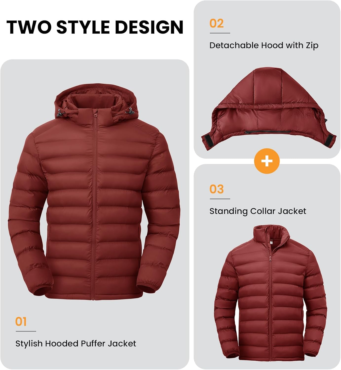 BGOWATU Men's Lightweight Water-Resistant Hooded Puffer Jacket Insulated Winter Coat with Detachable Hood for Snow Ski - Image 3