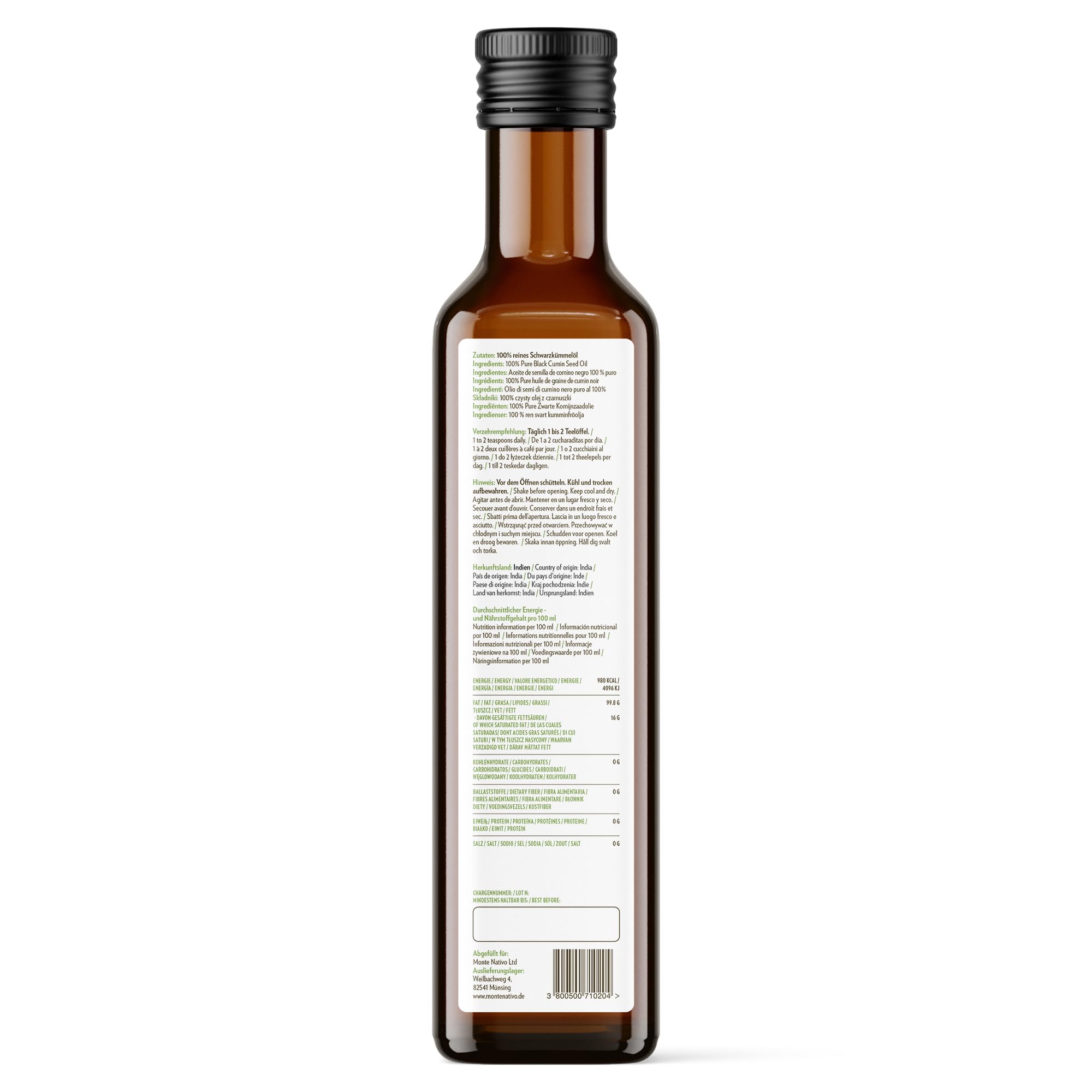 Aceite de Semilla de Comino Negro Monte Nativo (2x500ml) – Aceite de Nigella Sin Filtrar – Prensado en Frío – Sabor Suave – Puro y Natural – Aceite de Semilla Negra