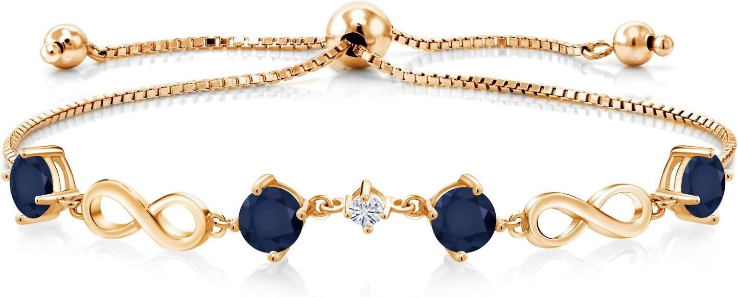 Gem Stone King 18K Yellow Gold Plated Silver Adjustable Infinity Bracelet For Women Round Blue Sapphire and Moissanite (2.47 Cttw)
