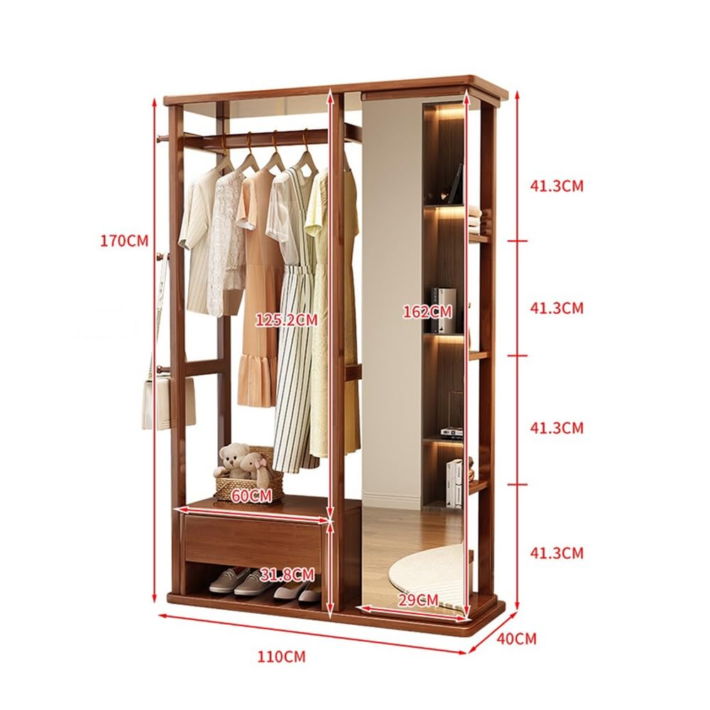 Perchero Colgador de Ropa Madera Maciza, Espejo tocador, Suelo Dormitorio, Giratorio, Multifuncional, con cajón, Perchero, Zapatero(Walnut)