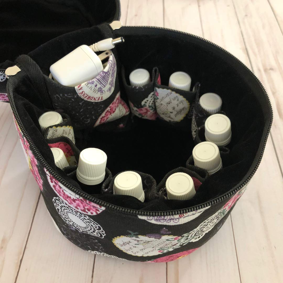 10-bottle Essential Oil Diffuser Carrying Case Tote for doTERRA, Young Living Bottles for Aromatherapy Travel or Storage wtih Power Adapter Compartment (Amour & Black)