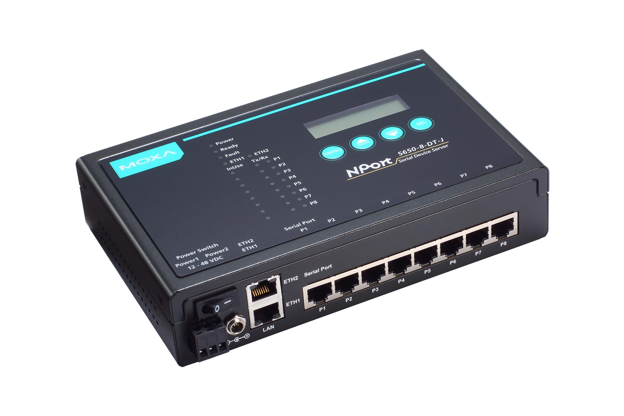 MOXA NPort 5650-8-DT-J 8-Port Serial Device Server, 10/100 Ethernet, RS-232/422/485. Connector, RJ-45 8pin Jack connectors, i15KV ESD, 12-48VDC, 110V Power Supply