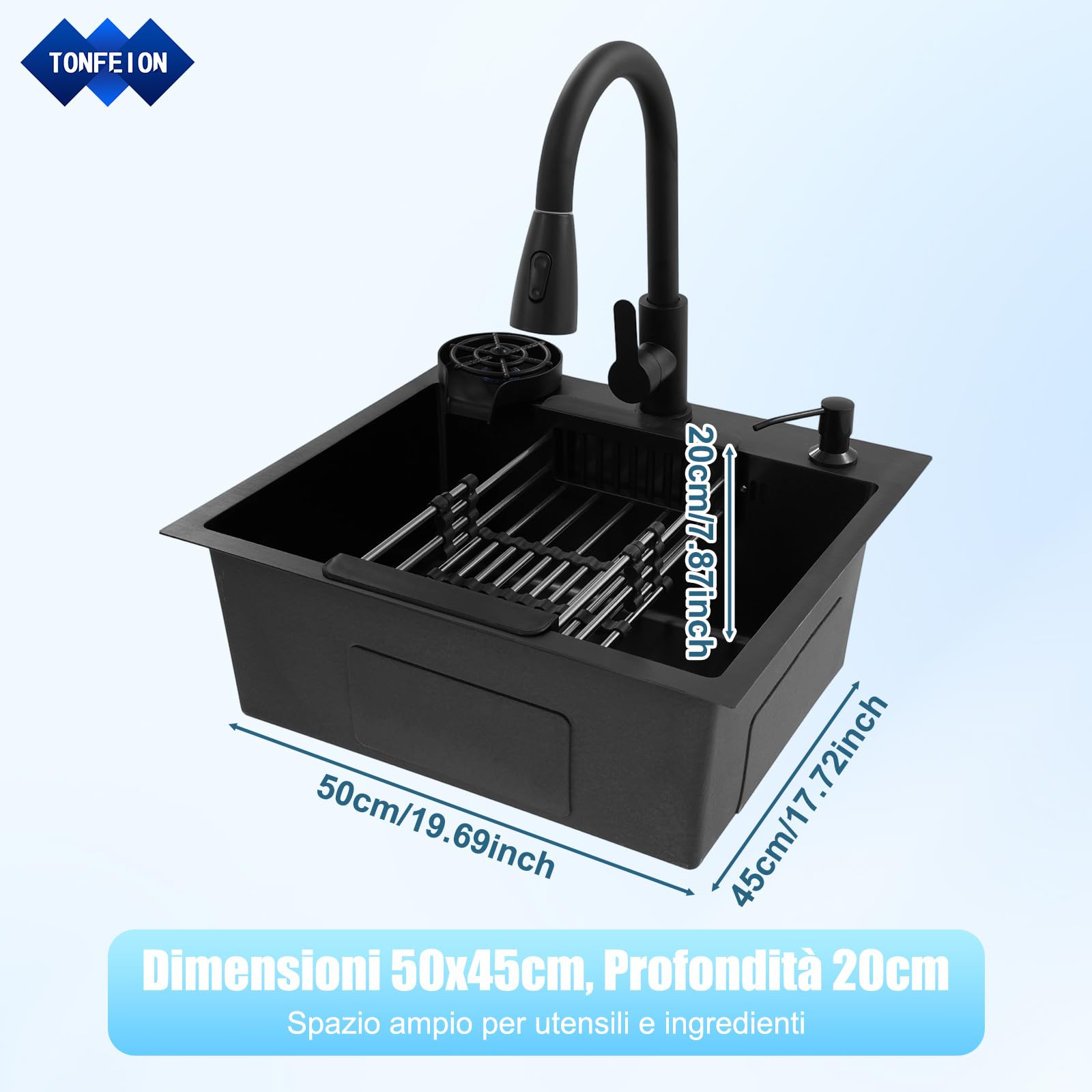 Lavello da incasso in acciaio inox, 50 x 45 cm, colore nero, con rubinetto estraibile + risciacquo + cestello di scarico + dispenser di sapone, lavello da cucina, 1 bacino per un uso facile
