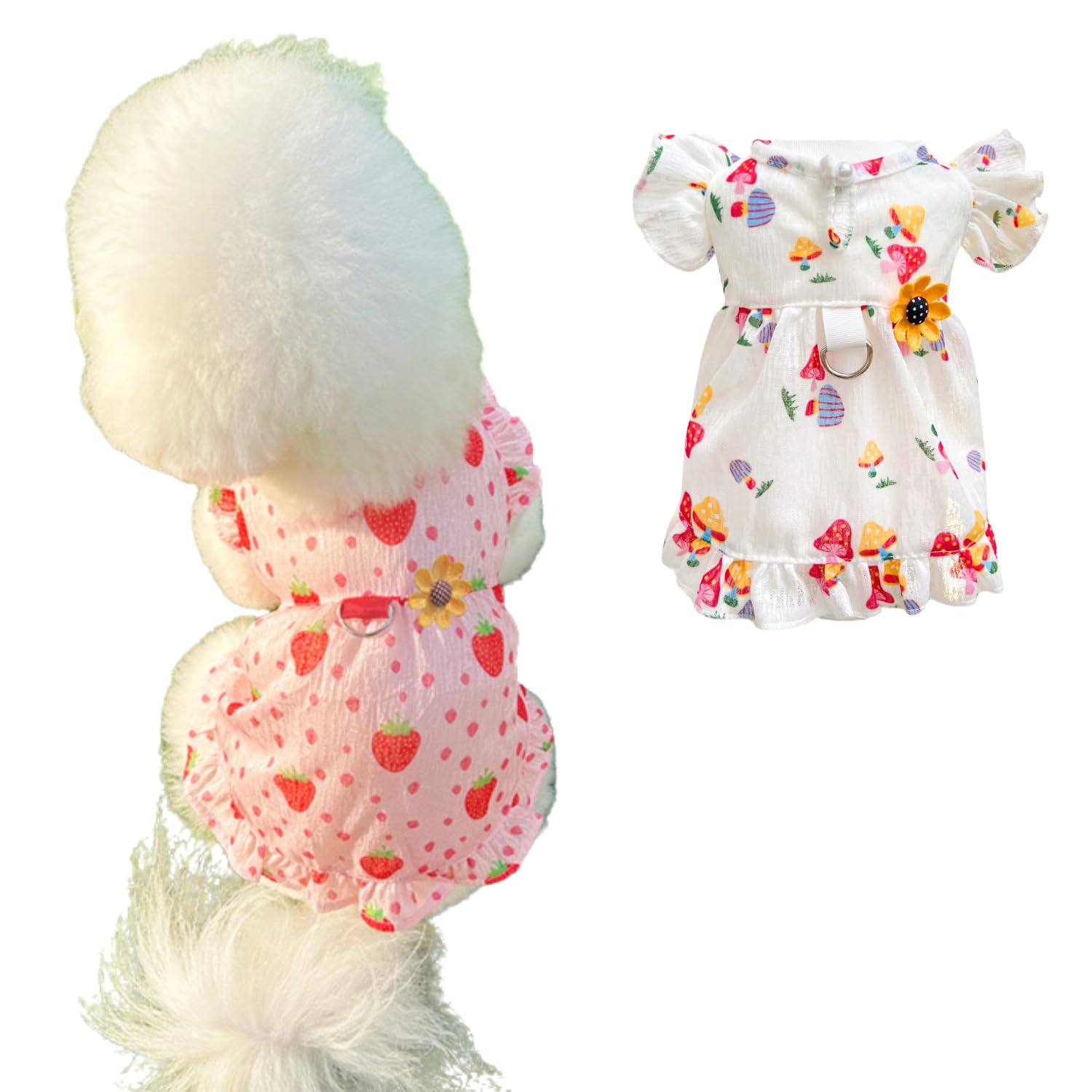 2PCS Dog Dresses for Girl Dogs, White & Pink Mesh Skirts with D-Ring, Lace Trim Summer Puppy Dresses for Small Dogs and Cats, Cute Pet Outfits for Parties and Daily Wear(2PCS A,S)
