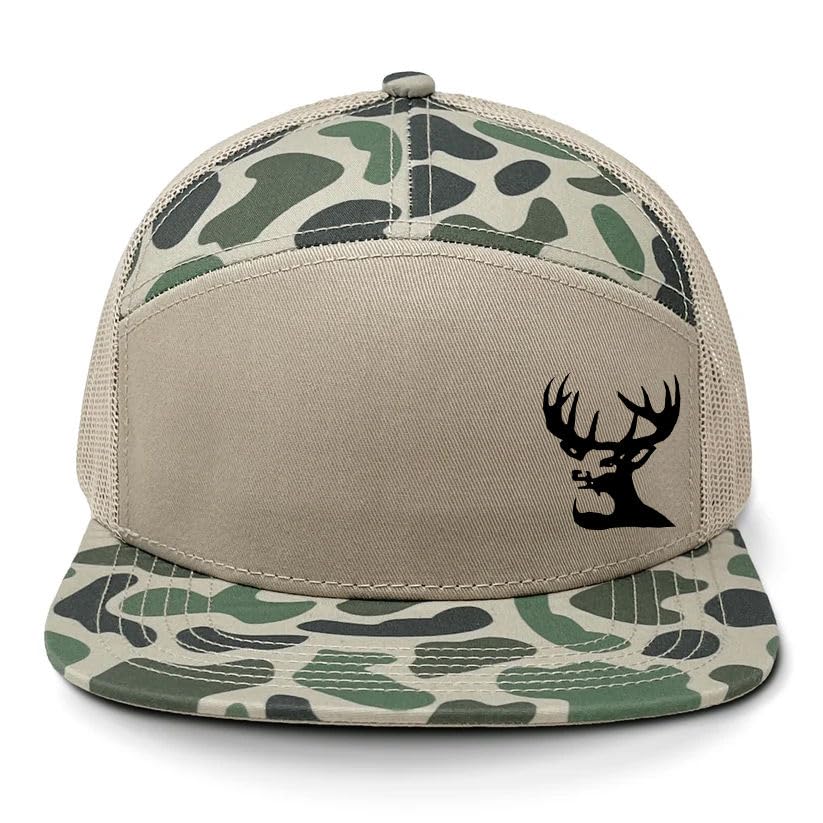 Trenz Shirt Company 7-Panel Mesh Back Trucker Hat Deer Head Antlers Hunting Design - Olds Cool Marsh/Sand