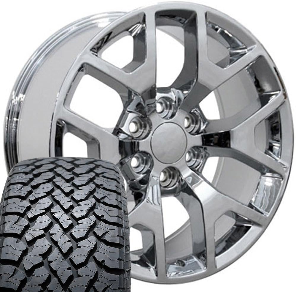 OE Wheels CV92 22 Inch Rims and Tires Fit Sierra 1500 Honeycomb Style 6x139.7 22x9 Chrome - Hollander 5656 - TS-37 AT 285/45-22 (Set of 4)