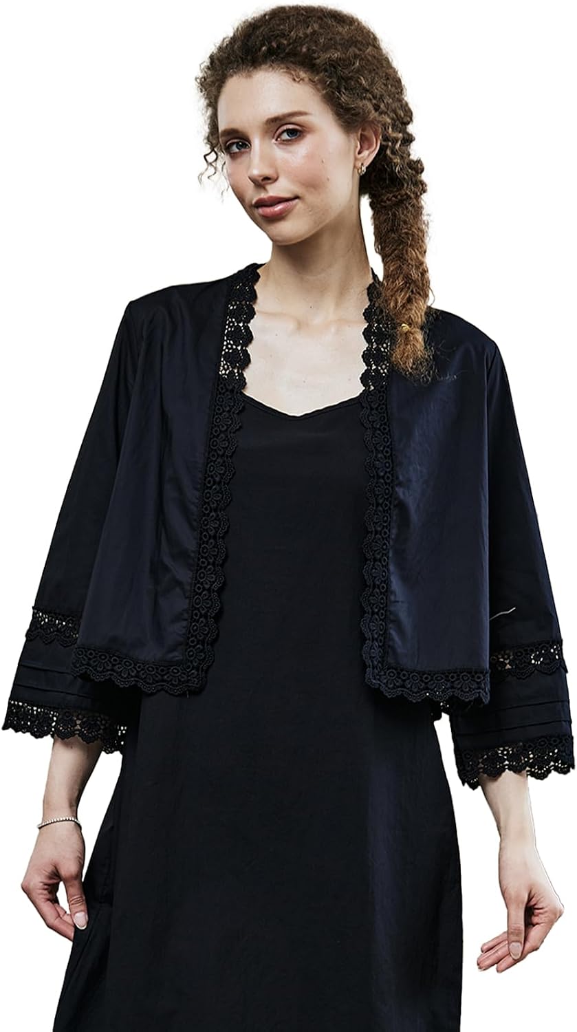 Women 3/4 Sleeve Cropped Cardigan with Lace Summer Open Front Bolero Shrug V Neck 100% Cotton