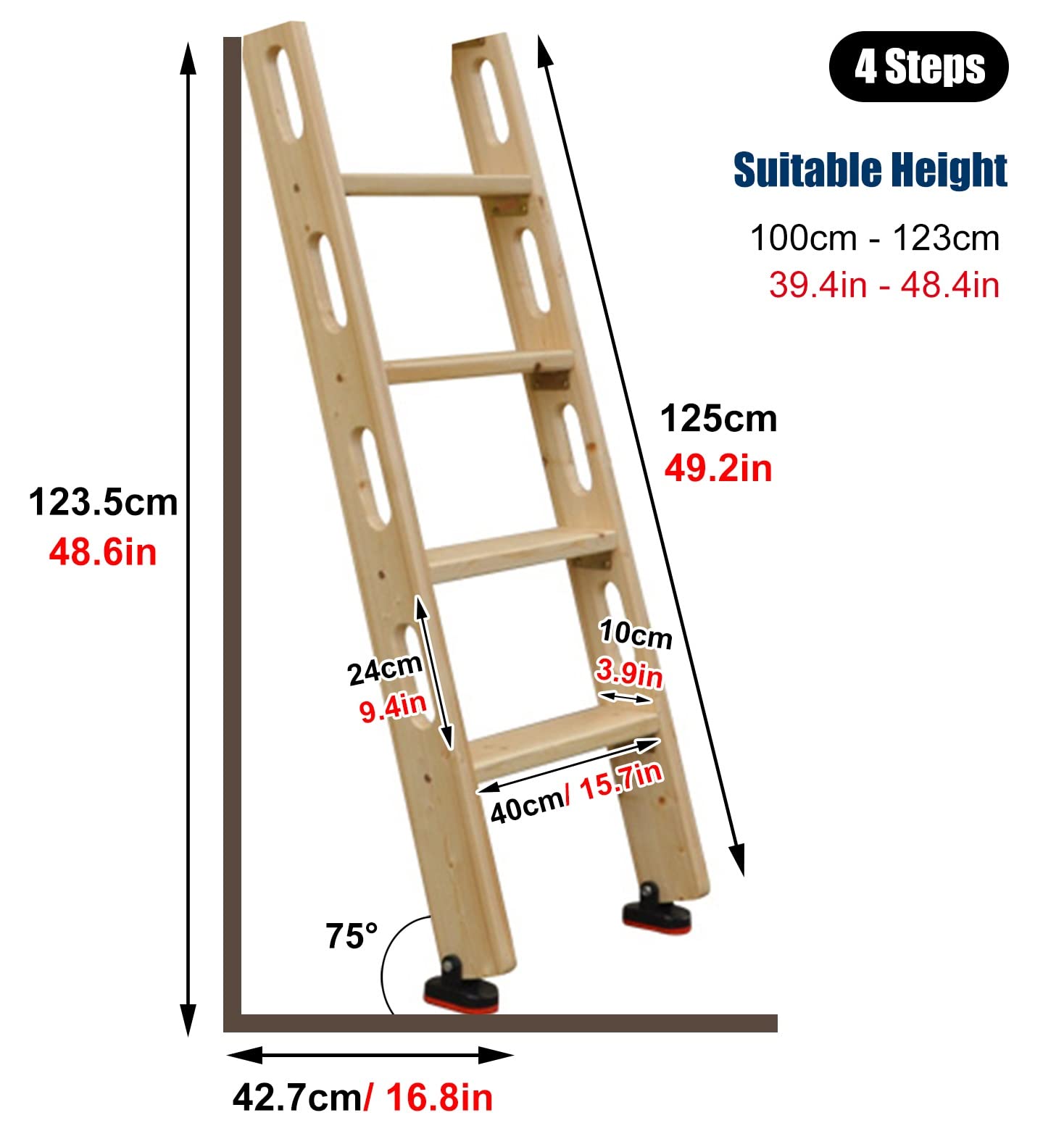Hochbettleiter Holzbettleiter 100cm/ 125cm/ 150cm, Hochleistungs -Ersatzleiter mit Handleiter-Und Gummi -Fußpolster, RV Loft Loft Dorm Climb Leiter (Size : 4 Step 125cm/49)