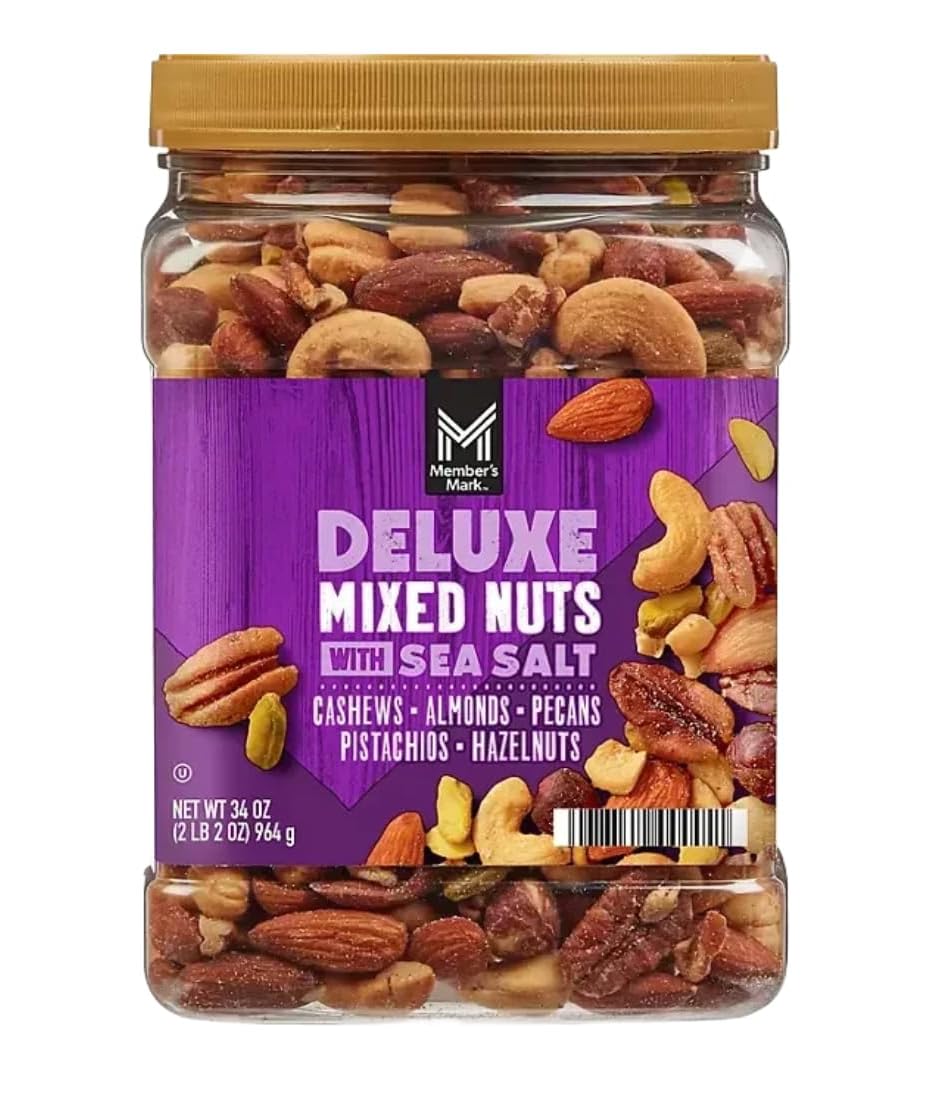 Member Marks Deluxe Mixed Nuts with Sea Salt, 34 oz. Resealable Jar (Pack of 2)- Premium Blend of Cashews, Almonds, Pecans, Pistachios, and Hazelnuts - High Protein Healthy Snack