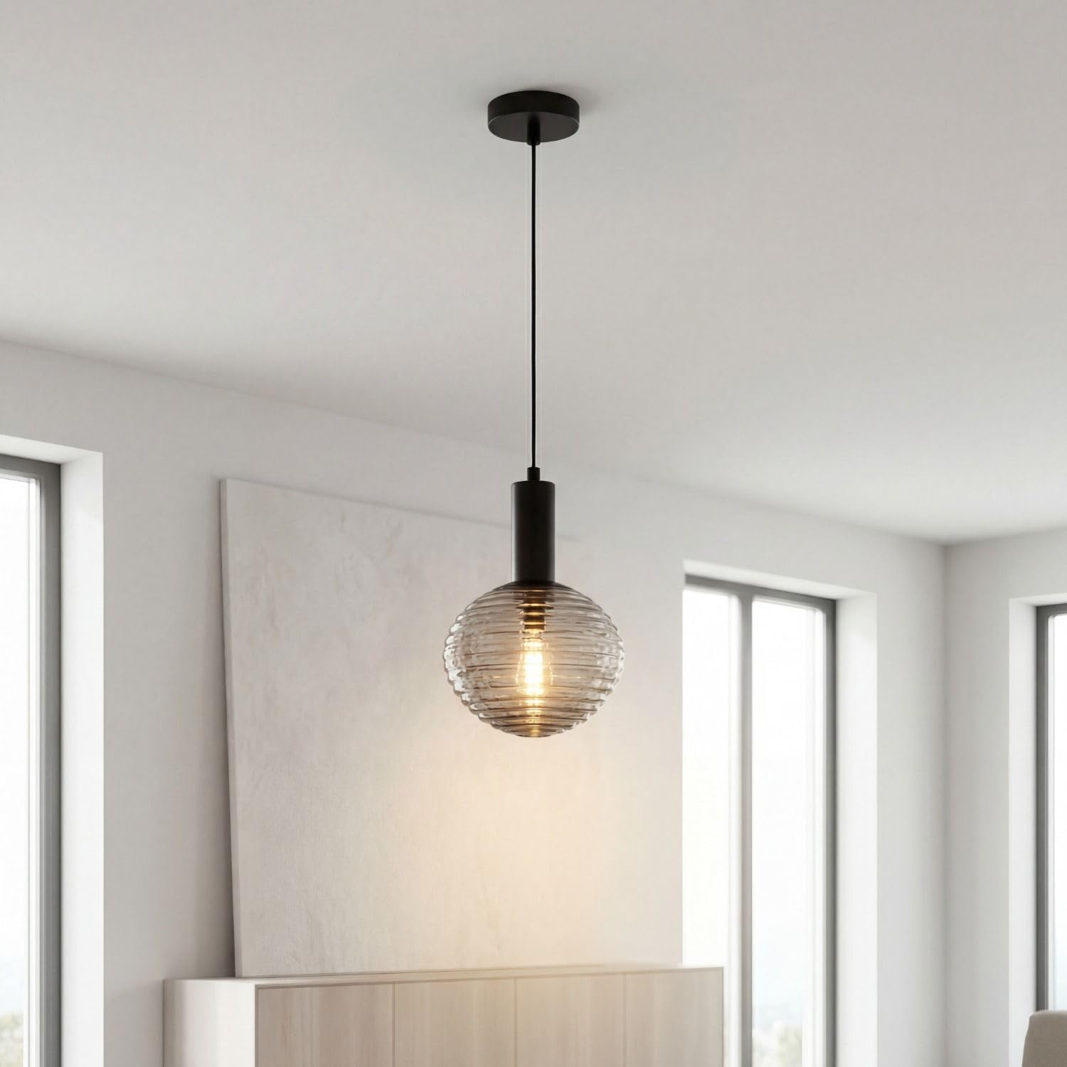 Lampa wisząca szkło dymne metal Ø 18 cm wys. maks. 150 cm lampa wisząca okrągła czarna E27 nowoczesna lampa wisząca do jadalni salonu