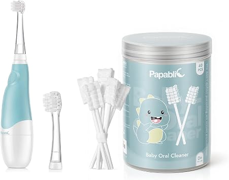 Papablic Baby Oral Care Bundle Blue Sonic Toothbrush for Teeth 0-3Y + 40 Disposable Tongue & Gum Cleaners 0-2Y