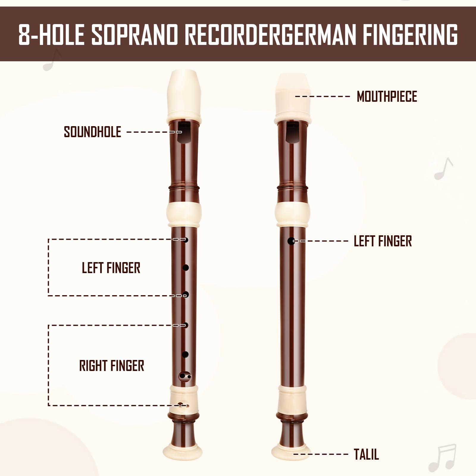 Wooden Recorder 8 Holes German Fingering Soprano Recorder Adults Children Learning Recorder for Beginners with Leather Protect Storage Bag Made of Wood - Image 3