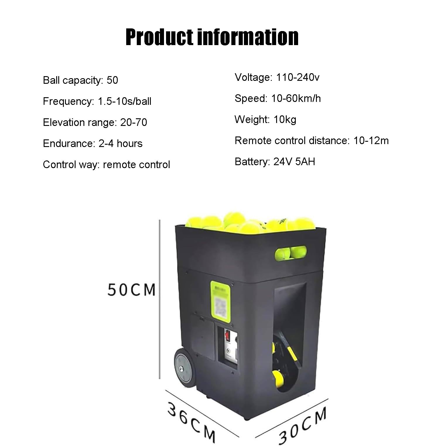 Portable Tennis Ball Machine with Automatic Launcher and 50 Ball Capacity, for Complete Solo Training Suitable for Beginners