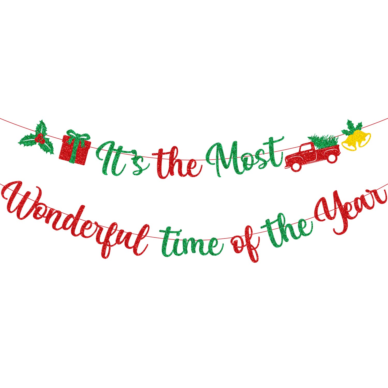 JKQ Red Green Glitter It's The Most Wonderful Time of The Year Banner with Holly Berry Xmas Tree Bells Christmas Holiday Party Banner Merry Christmas