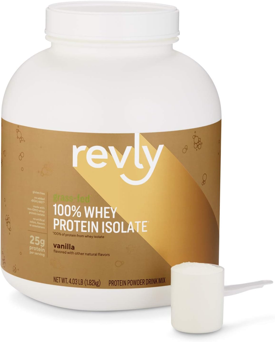 Amazon Brand - Revly 100% Grass-Fed Whey Protein Isolate Powder, Vanilla, Gluten Free, Non-GMO, 4.03 Pound (Pack of 1)