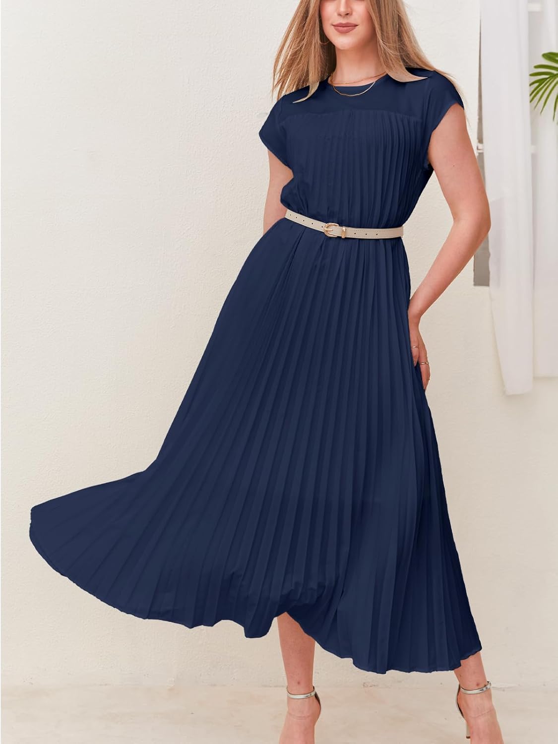 KEOMUD Women Summer Pleated Maxi Dress Casual Short Sleeve Crewneck Flowy Swing Long Dress with Pockets
