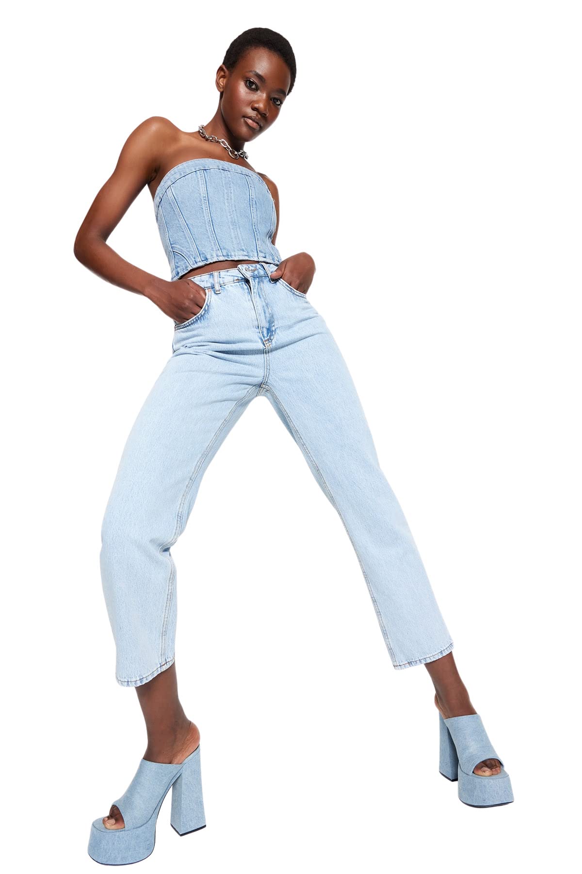 Trendyol Womens High Waist Straight Leg Jeans Pants, Light Blue, 12 UK