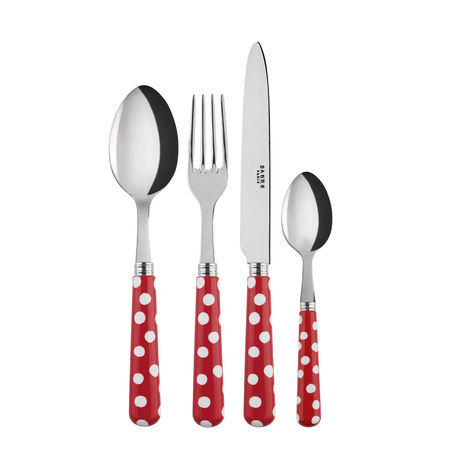 SABRE PARISLes Décorés 4 Pc Cutlery Set - Stainless Steel - Fork - Knife - Spoons - Red Polka Dots