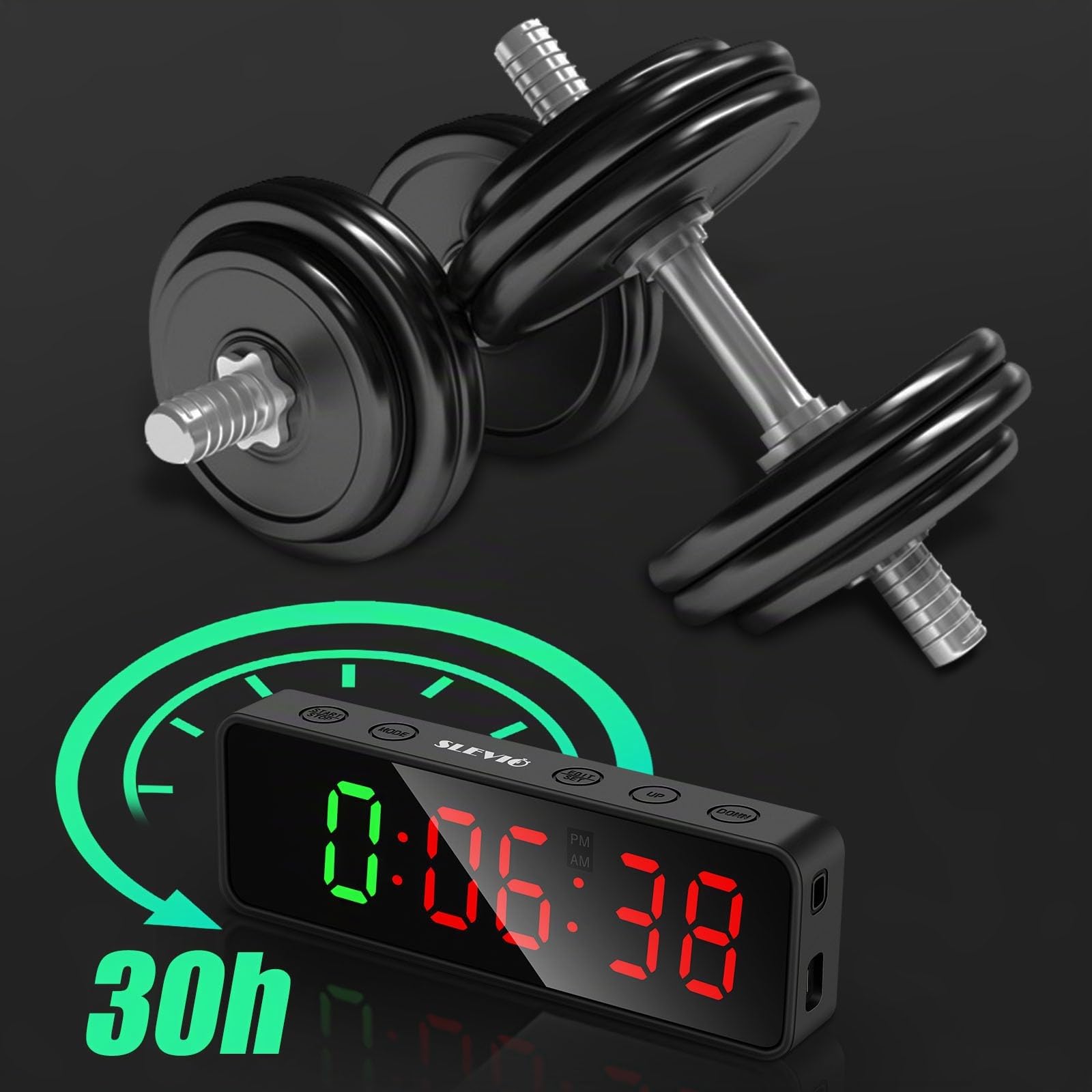 Minuteur d'entraînement portable avec boîtier en caoutchouc et tranche magnétique intégrée, grand écran numérique LED anti-vertige, pour maison, garage, école (noir)