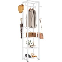 IBUYKE Freestanding Coat Rack,with 3 Shelves and 8 Hooks,White UTMJ088W | Metal Frame,Industrial Hall Tree,Clothes Stand for Entryway, Hallway, Bedroom,Office, Living Room