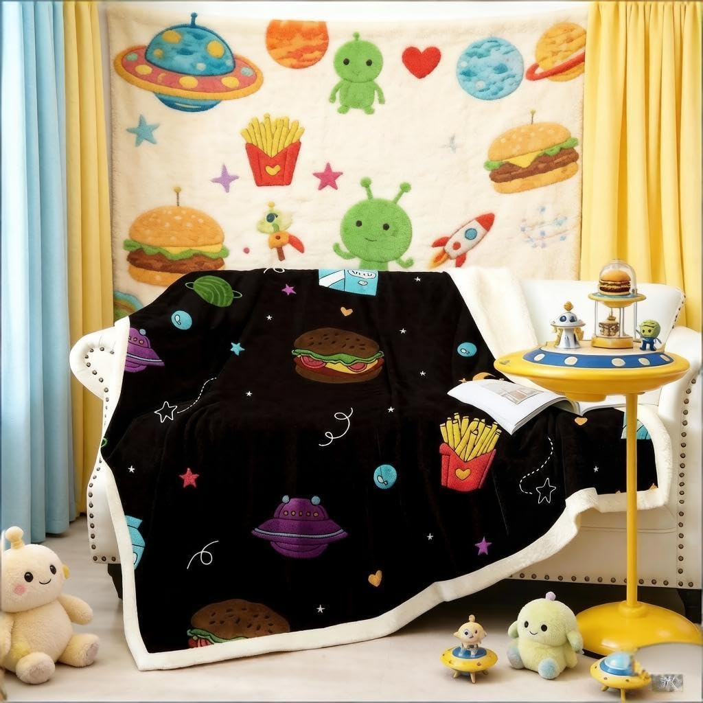 Loussiesd Hamburger Universe Planet Fleece Blanket for Chair Sofa Couch Universe Planet Sherpa Blanket Cartoon UFO Decor Plush King 87"*94" — image 1