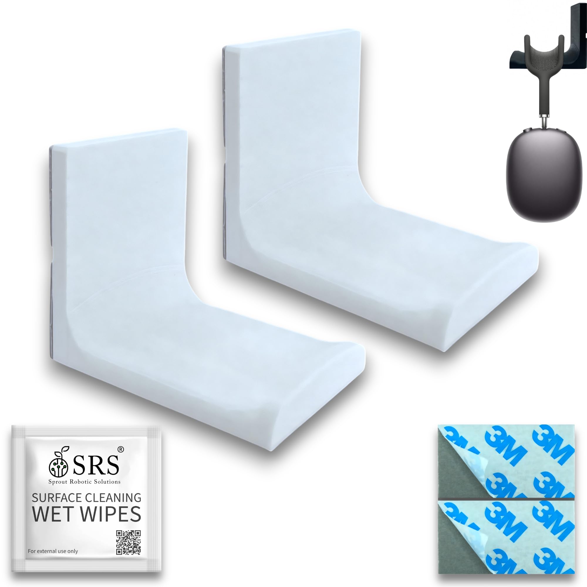 SRS® Table Mount Headphone Stand Holder Under Desk Headphone Hook Hanger Mount with Cable Organizer for All Gaming Headsets Pc Accessories Stick-on Adhesive Holder (Pack of 2, White)