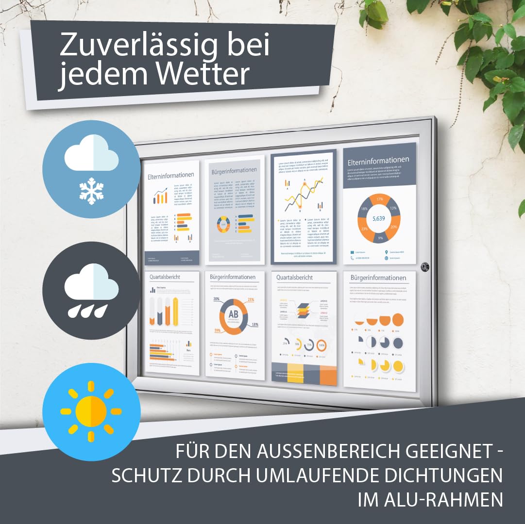 Schaukasten außen 8x DIN A4 | wetterfest | abschließbarer Infokasten SAN-Scheibe | beschreibbare magnetische Rückwand | ideal für Außenbereich & Outdoor Wand-Montage