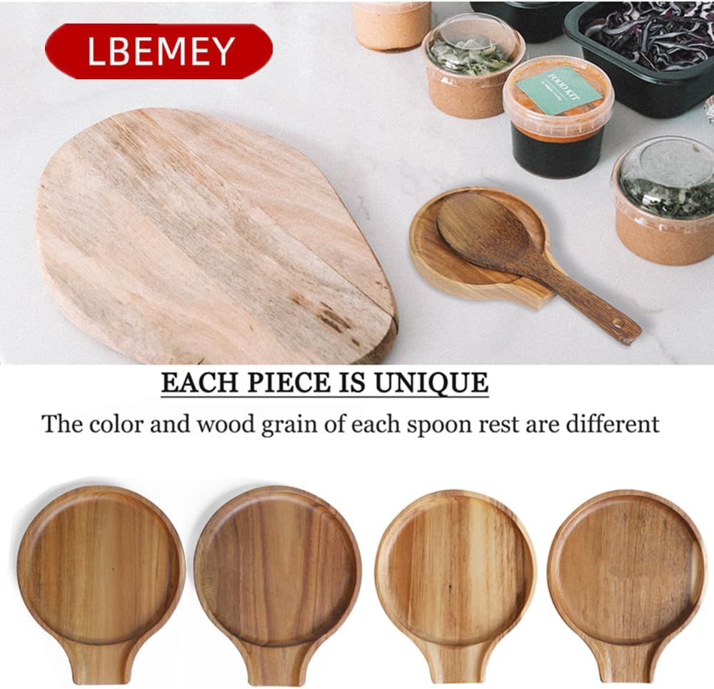 LBEMEY Acacia Wood Spoon Rest For Stove Top- Smooth Round Wooden Spoon Holder For Kitchen Counter with Non Slip Silicone Feet, Perfect Holder For Spoons,Spatulas and Tongs (Brown)
