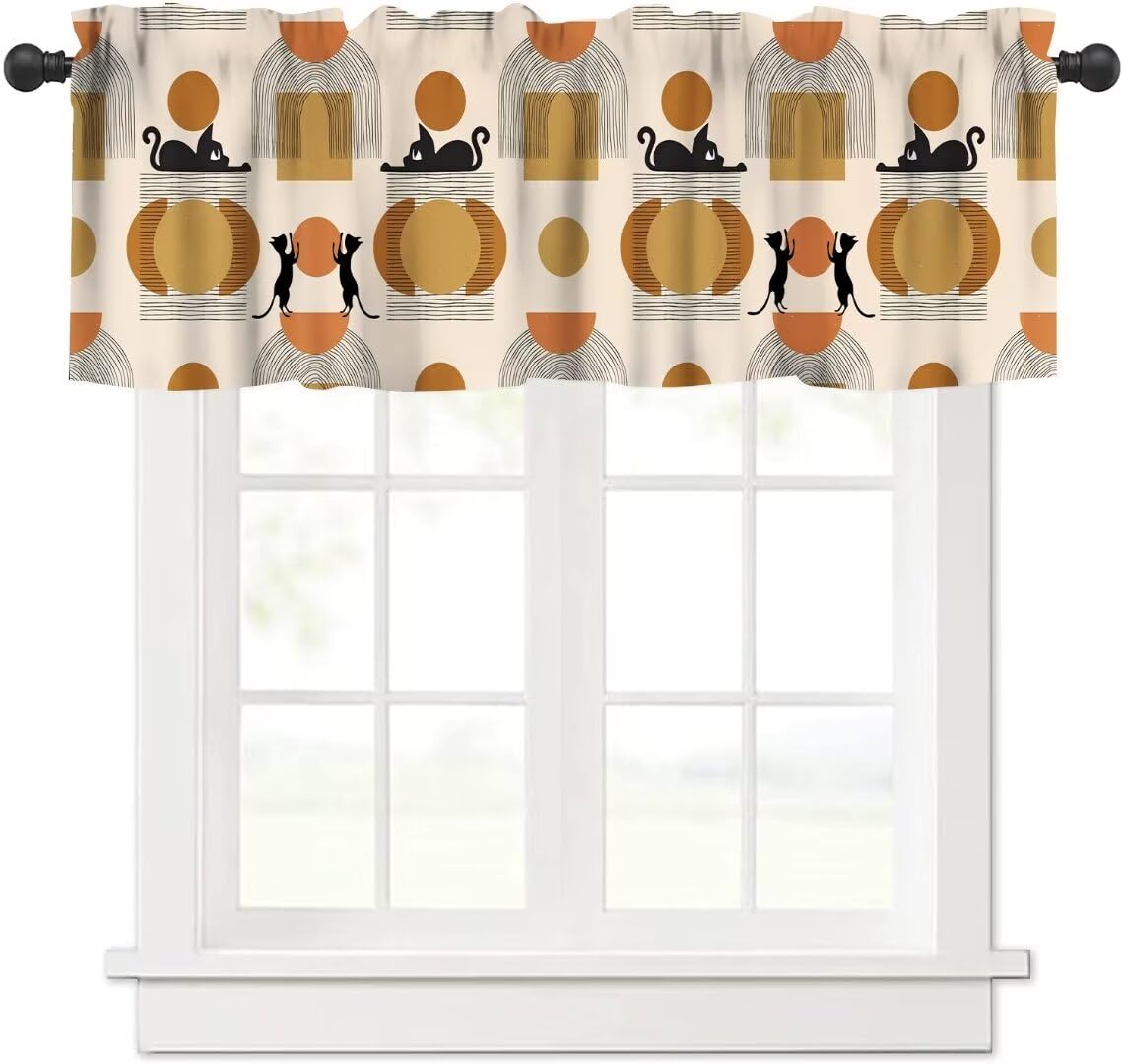 Mid Century Moon Sun Cat Window Valance Curtain, Abstract Geometric Shapes Bohemian Modern Design Window Treatment Valances for Kitchen Living Room Café Décor 54'x18', 1 Panel