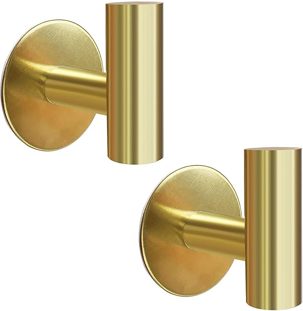 Mairhie Adhesive Towel Hooks 2 Pack Gold Heavy Duty Stainless Steel Wall Mounted Coat Hook for Towels, Robe, Hat, Sponges, Keys - Kitchen Bedroom Bathroom Door (Gold)