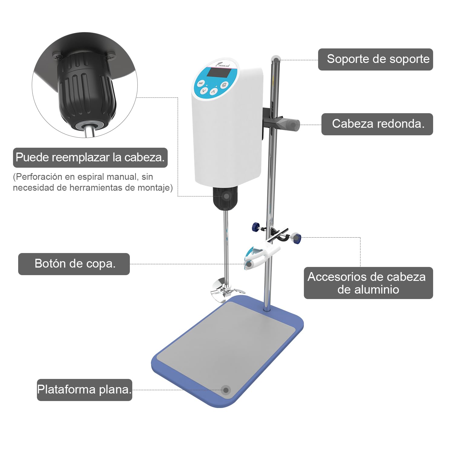 JOANLAB Batidora digital de laboratorio eléctrico con soporte de acero inoxidable y varilla agitadora, velocidad ajustable de 100 – 2000 rpm, capacidad de 20 L, 30000 mPas, potente para líquidos de