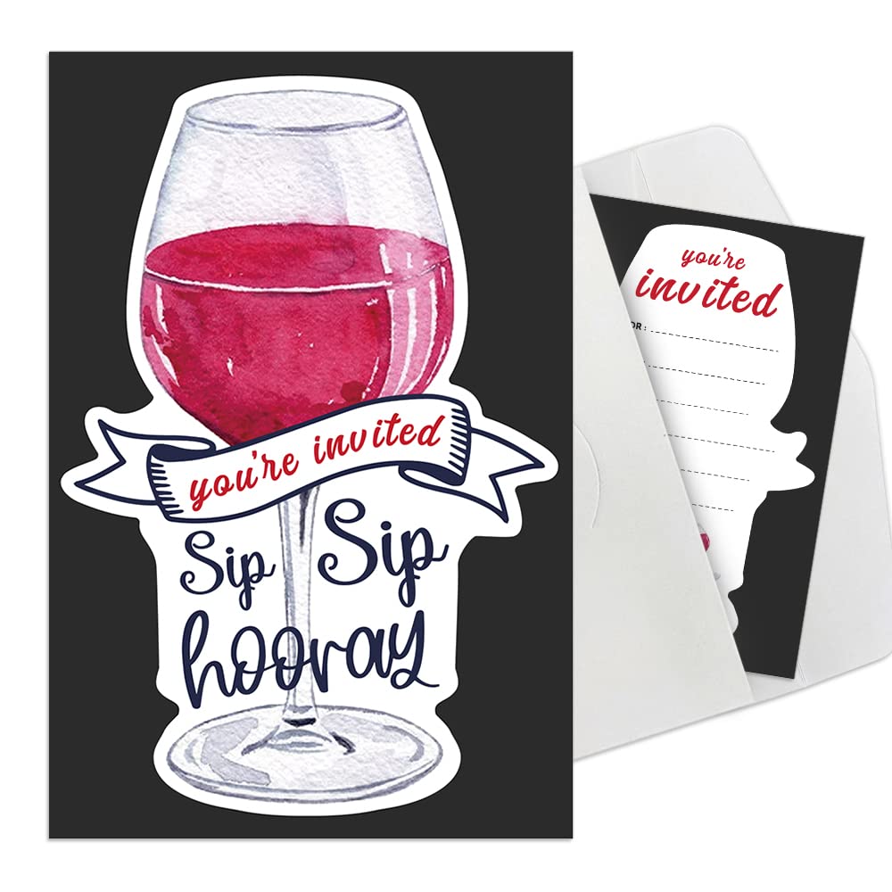 Cusrtyh Wine Tasting Party Invitation Cards, Sip Sip Hooray Party Shaped Fill-In Invitations, Masquerade Party Invitations, Wine Party Invitation Card