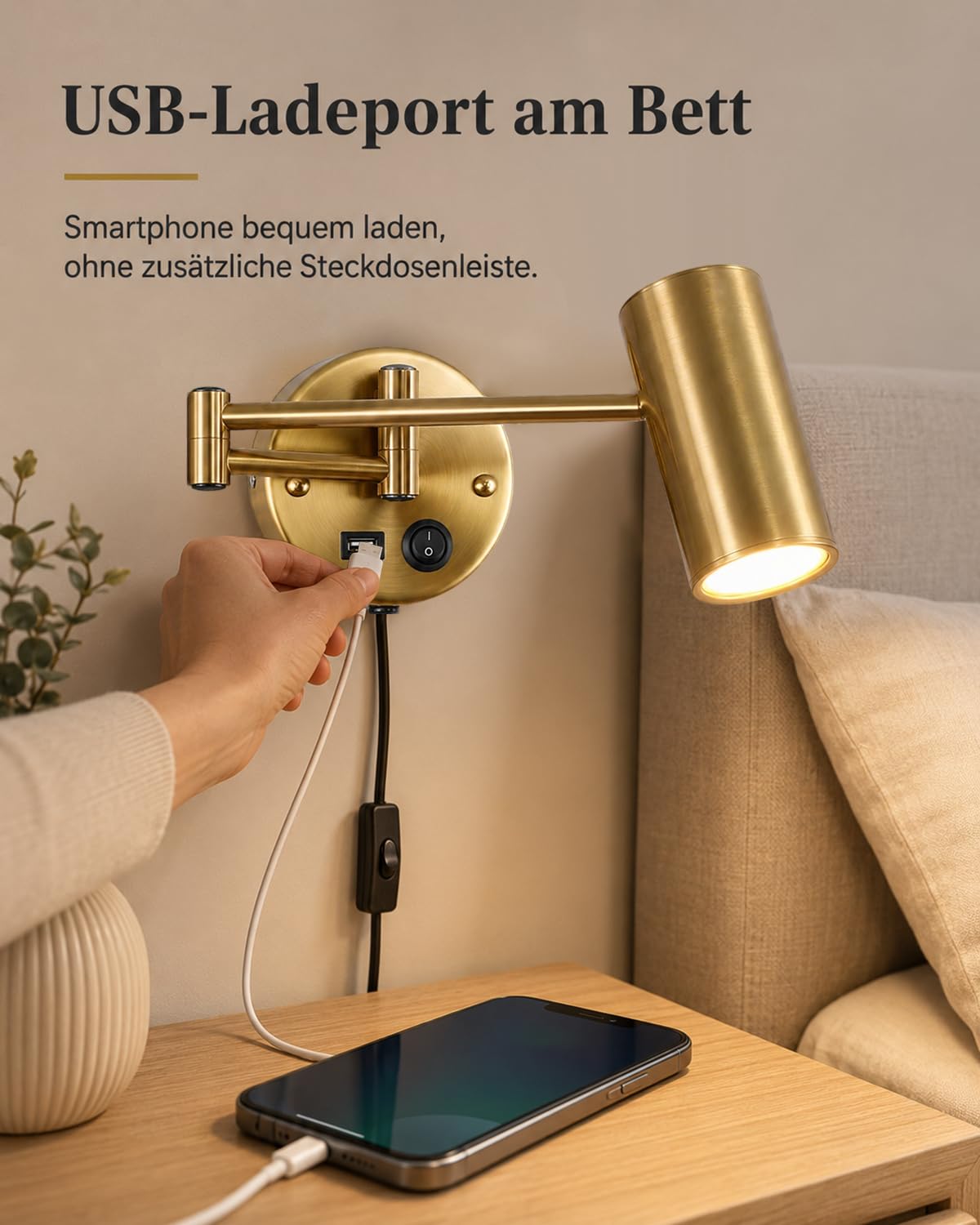 Wandleuchte mit Stecker und Schalter, Leselampe Wand Gold mit USB Ladeport, Schwenkarm Wandlampe E27 mit 150cm Kabel, 3000K Warmweiß Nachttischlampe für Schlafzimmer Wohnzimmer