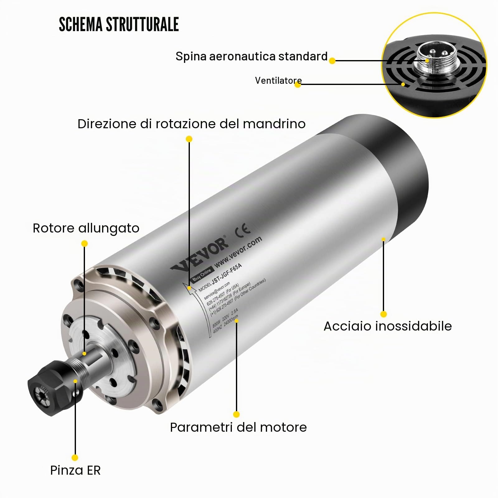 VEVOR 0.8KW Motore Per Mandrini Raffreddato Ad Aria Milling