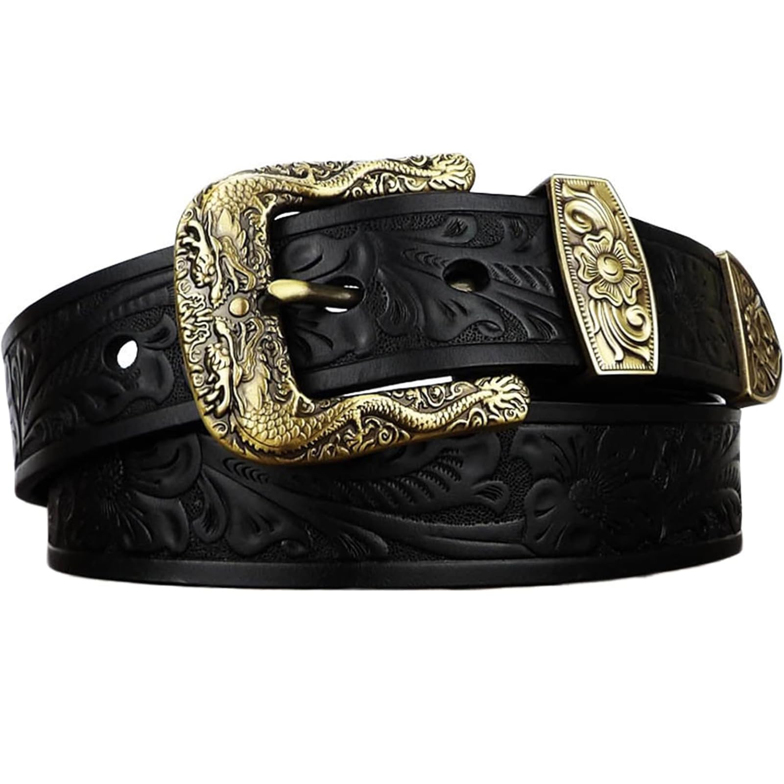 AGUTALITHIC Embossed Western Floral Belt for Women and Men Handcrafted Strap with Engraved Double Dragon Filigree Gold Buckle(130cm/waist:44