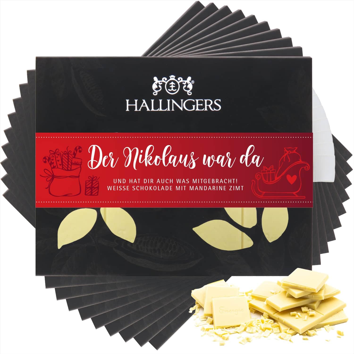 Hallingers Genuss Manufaktur Weiße Schokolade Weihnachts-Geschenk - Tafel handgeschöpfter Edelkakao ohne Alkohol edler Karton 10x "Der Nikolaus wa..." Mandarine-Zimt, Weihnachten für Frauen Männer