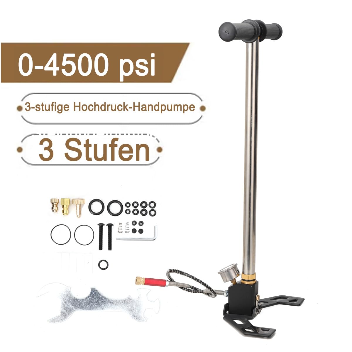 PCP Handpumpe 3-Stufiges Hochdruckpumpe 4500PSI/30MPa Hochdruckluftpumpe Luftgewehrpumpe mit Manometer, PCP Handpumpe für Luftpistole Bootsreifen Kajaks Autoreifen Motorrädern