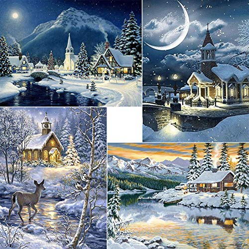 ARTDOT 4 Pièces Diamond Painting Noel, Paysage D'hiver Peinture Diamant Noel, Broderie Diamant Kit Complet pour la Décoration Chambre de Noël(30 x 40cm)