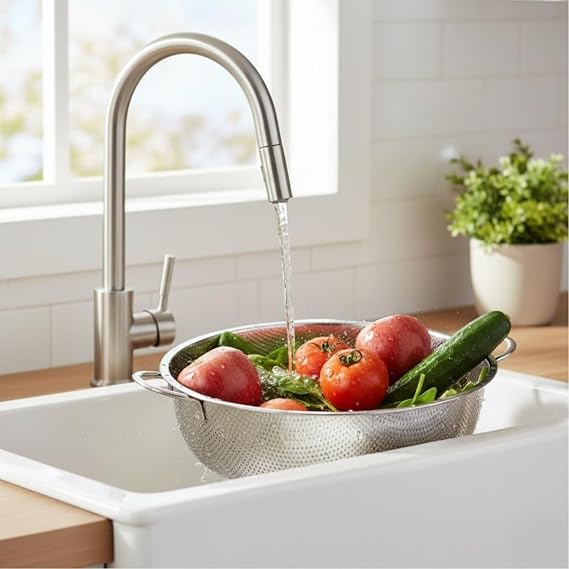Premium 25 cm Paslanmaz Çelik Mutfak Süzgeci, Çift Kulplu Metal Makarna ve Pirinç Yıkama Kabı, Isıya Dayanıklı Delikli Sebze ve Meyve Süzme Kasesi (Gümüş)