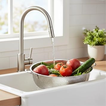 Premium 25 cm Paslanmaz Çelik Mutfak Süzgeci, Çift Kulplu Metal Makarna ve Pirinç Yıkama Kabı, Isıya Dayanıklı Delikli Sebze ve Meyve Süzme Kasesi (Gümüş)