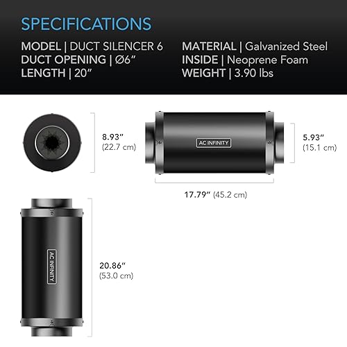 Miniatura 5 de AC Infinity Silenciador de ventilador de conducto en línea, silenciador de reducción de ruido de 6 pulgadas para sistemas de ventilación de tienda