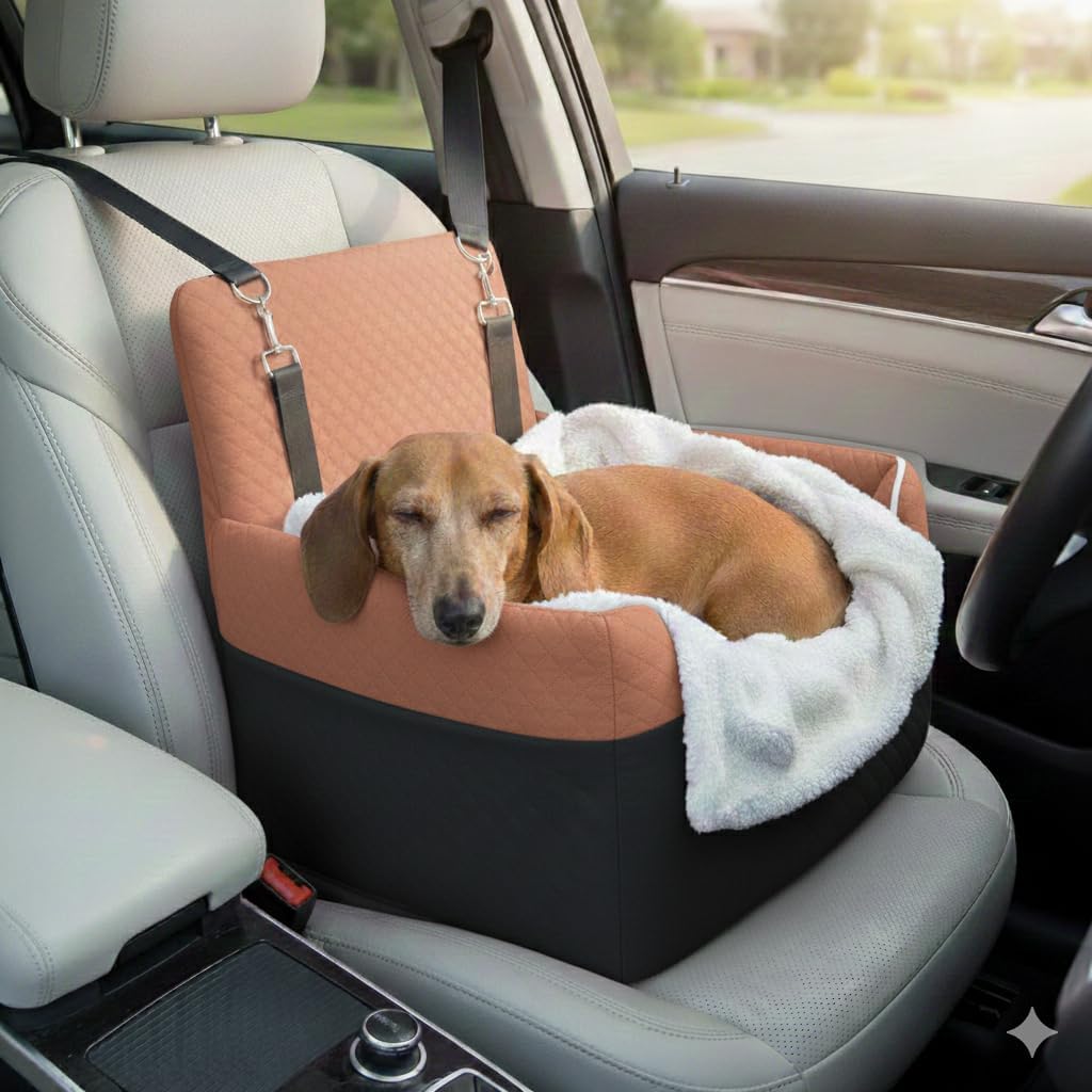 ALL GOOD PET SUPPLIES Dog Car Seat for Small/Medium Dogs, Dog Booster car seat, Memory Foam Elevated Cushion, Fully Detachable and Washable,2 Clip-On Safety Leashes, Anti-Slip Brown