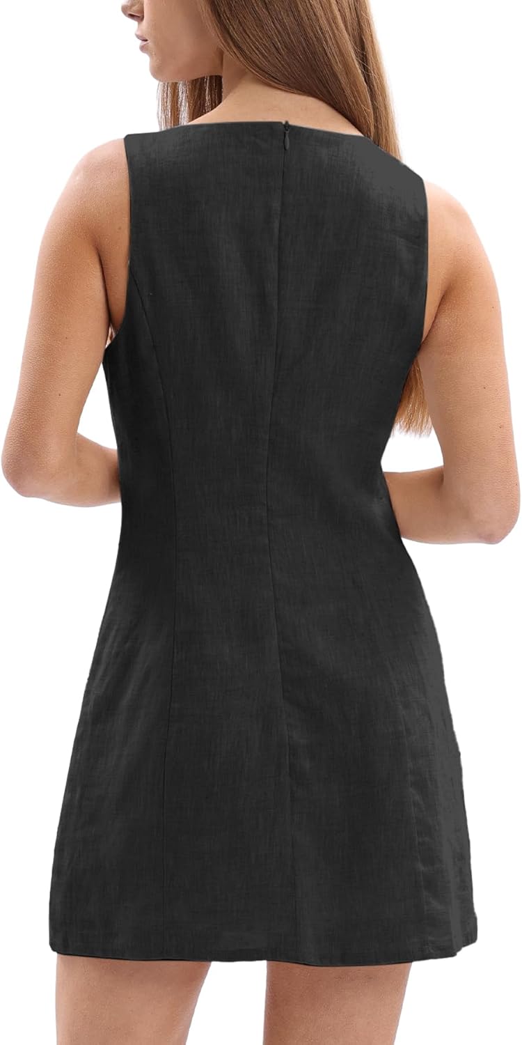 Amazhiyu Womens 100% Linen Summer V Neck Tie Front Sleeveless Mini Tank Dress Black, Medium - Image 3
