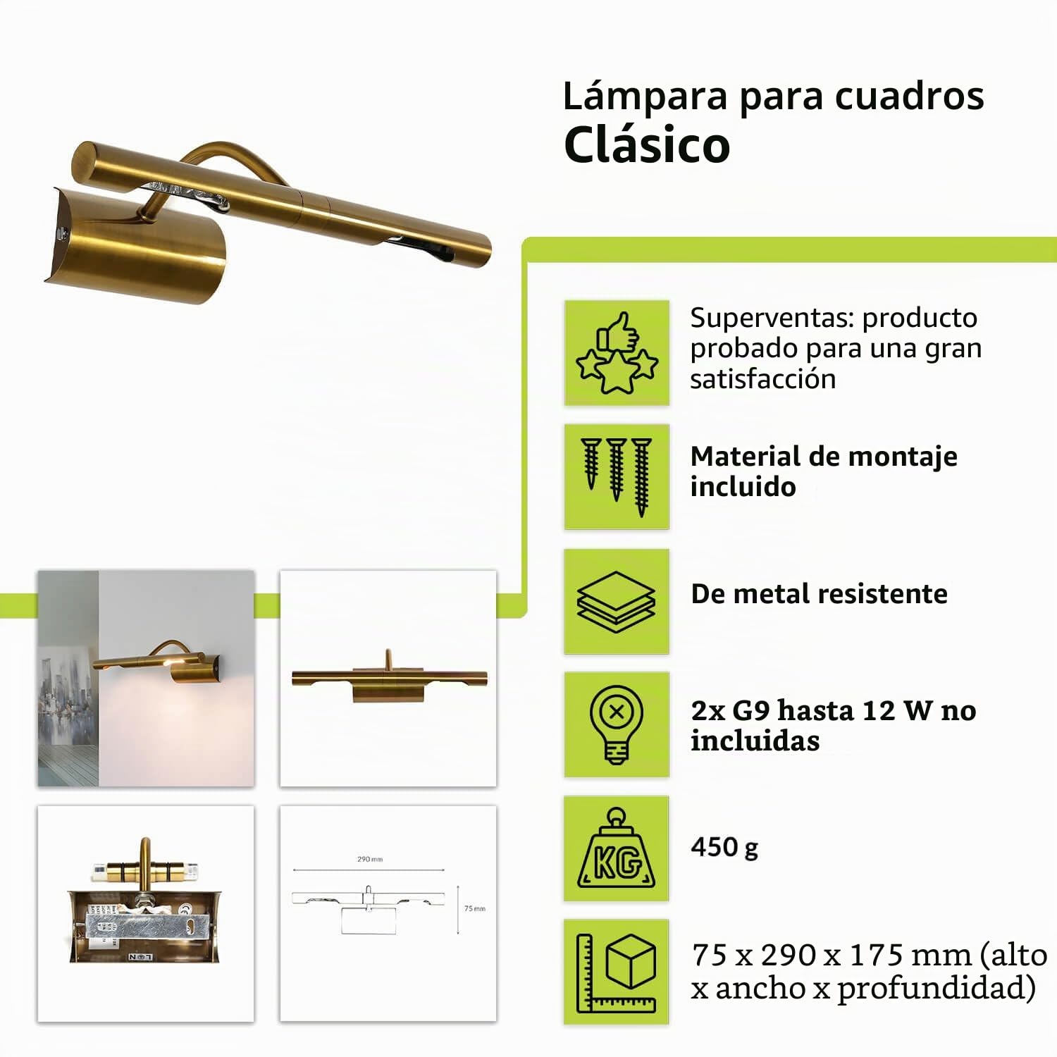 Lámpara para cuadros de metal en bronce 2xG9 W: 29 cm Lámpara de espejo clásica para pasillo baño salón dormitorio lámpara de pared lámpara para cuadros aplique de pared interior