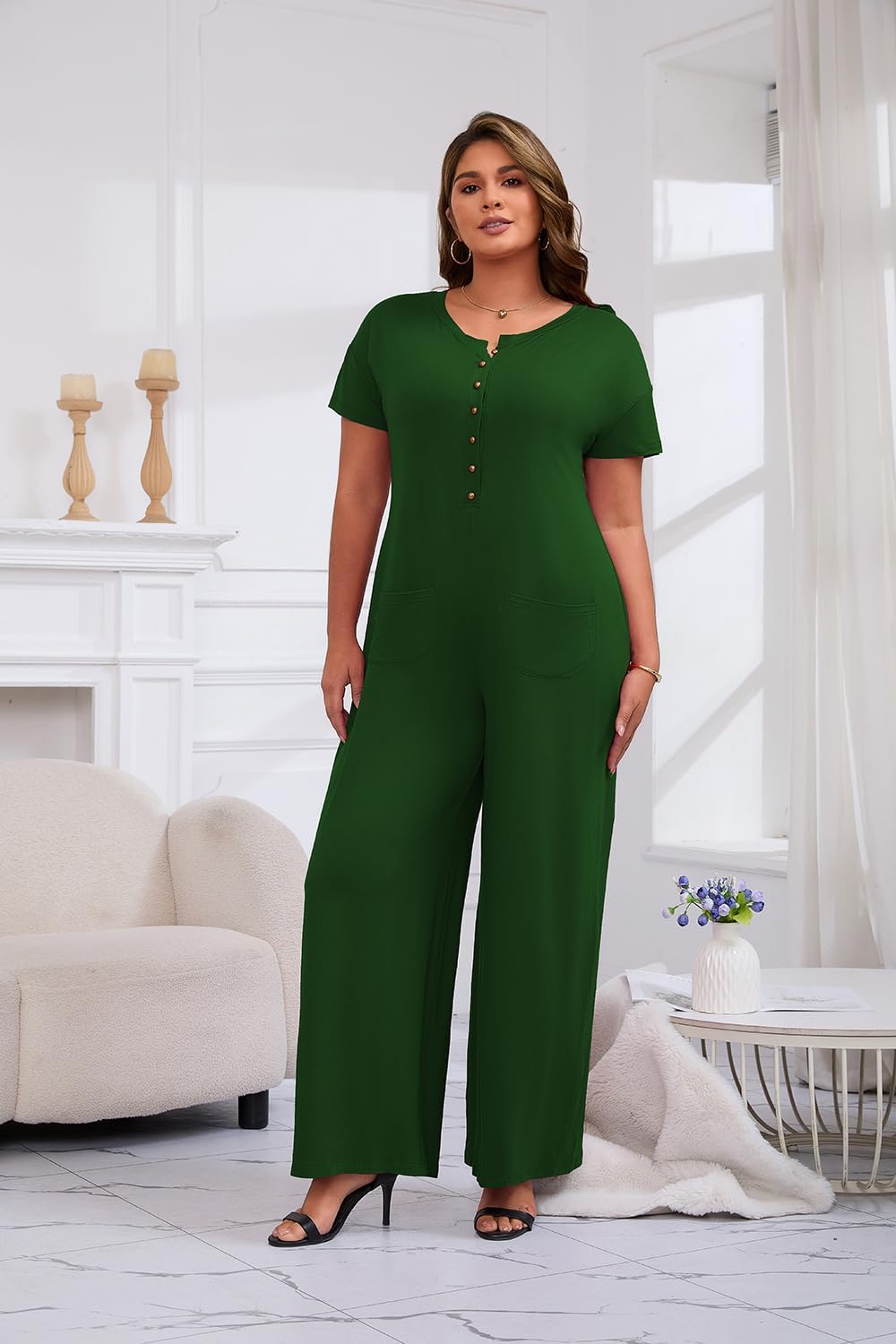 YeGine Plus Size Women Short Sleeve Loose Jumpsuit Casual Rompers One Piece Button Up Wide Leg Jumpsuits - Image 5