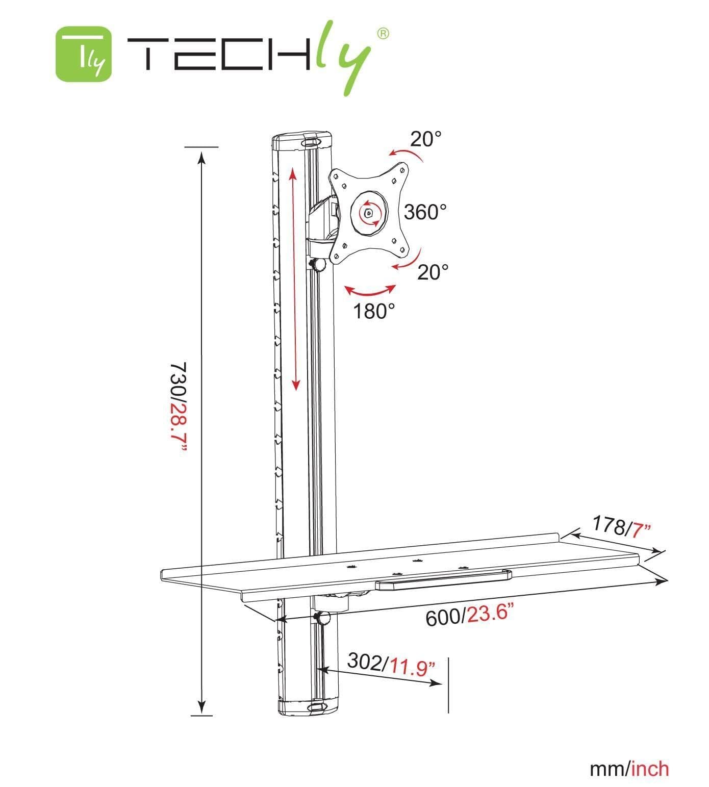 Techly 028276 Postazione di Lavoro a Parete con Supporto Monitor e ripiano Tastiera Silver