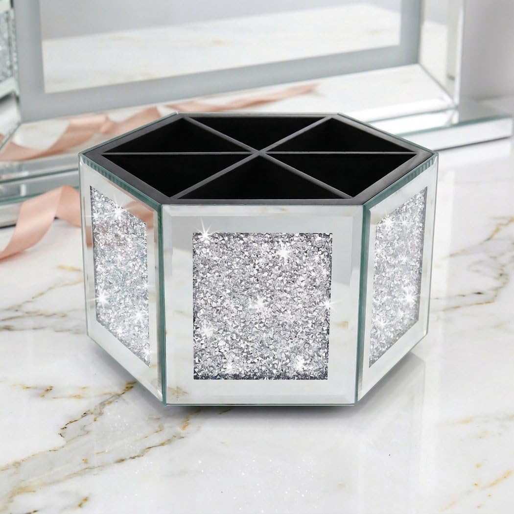 Rotatable Multifunctional Jewelry Utensil Holder Hexagon Jewelry Make up Organizer Cups Crush Diamond Mirror Decor, brush/office pen cup holder Eyeliners Display Case for Vanity
