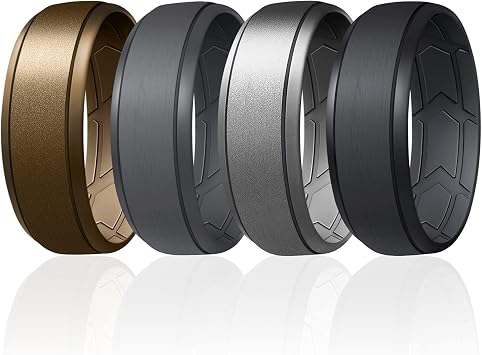 ROQ Silicone Rubber Wedding Ring for Men, Inner Arrow Grooves, 8mm Wide 2mm Thick, 4 Pack, Bronze/Grey/Silver/Black, Size 11