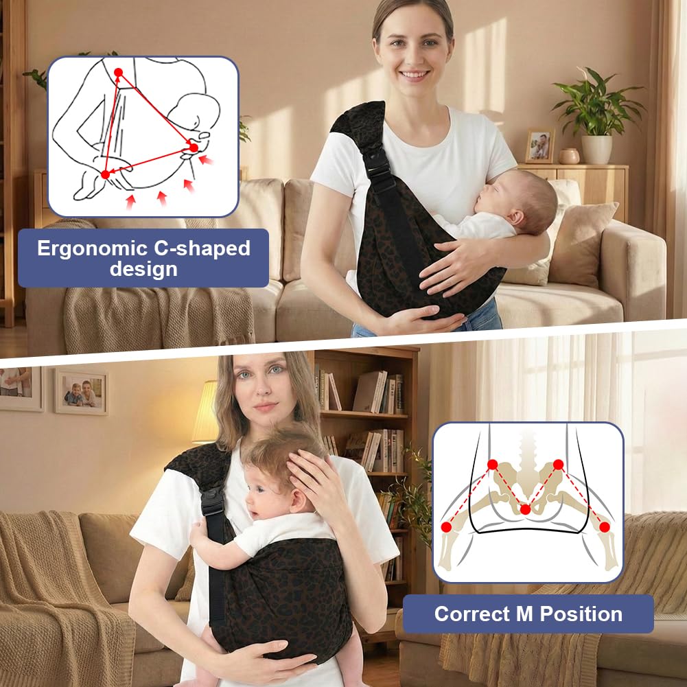 Baby Carrier, Portable Toddler Sling Carrier with Adjustable Thick Shoulder Straps, Soft Baby Sling for Newborn Up to 3-24 Months, Breathable and Comfortable(Leopard) — view 5