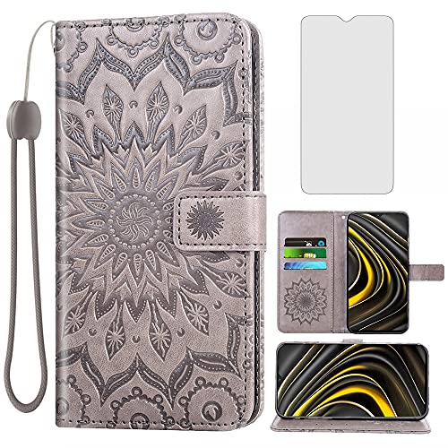 Asuwish Phone Case for Xiaomi Poco M3 Wallet Cases with Tempered Glass Screen Protector and Sunflower Leather Slim Flip Cover Card Holder Stand Cell Accessories Xiaomi Poco M3 (6.53